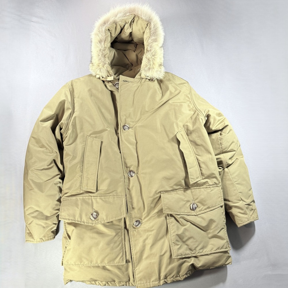 Woolrich Mens Arctic Parka Down Jacket Tan Khaki Fur Hood Size Large Vintage